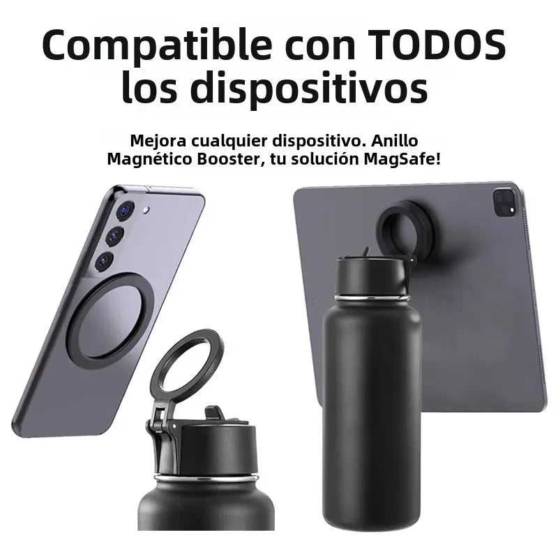 Botella de agua acero inoxidable con soporte magnético para teléfono